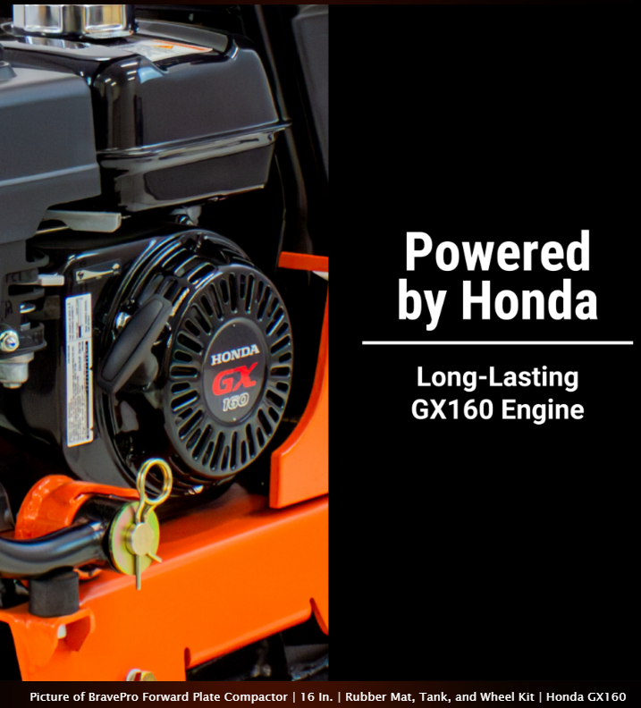 Forward Plate Compactor 16 In. with Rubber Mat, Tank, and Wheel Kit Honda GX160 BravePro