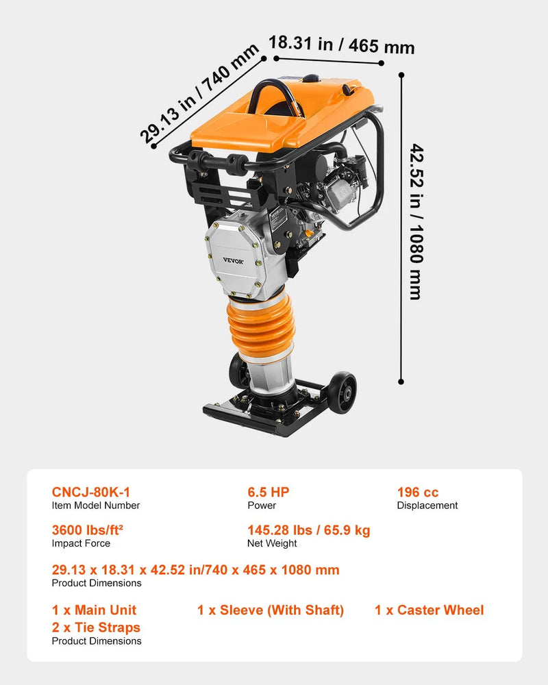 Jumping Jack Rammer 6.5HP Gas – VEVOR Tamping Rammer 3600 lb Impact Compactor single spring
