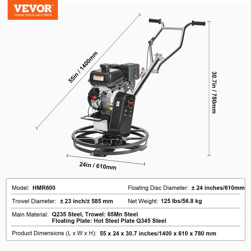 Concrete Power Trowel 24” Walk-Behind – VEVOR 6HP Gas Concrete Finishing Machine