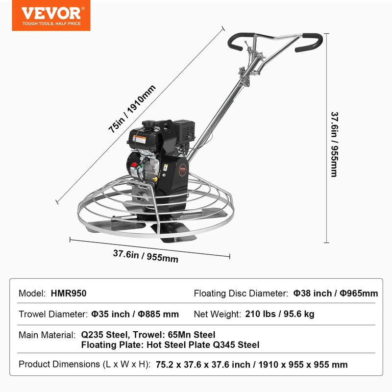 Concrete Power Trowel 38" Walk Behind – VEVOR 8HP Gas Concrete Finishing Machine