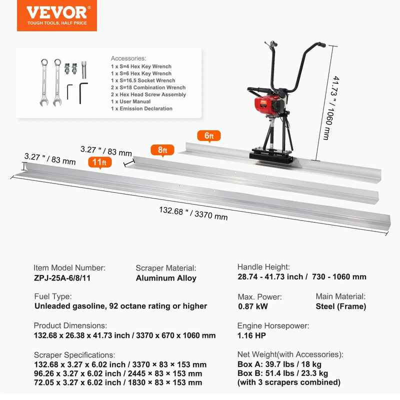 Concrete Power Screed Gas – VEVOR Vibrating Concrete Screed 6-11 ft Aluminum Blade