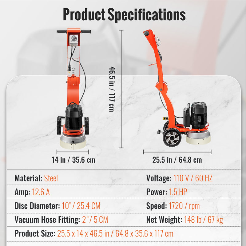 Concrete Floor Grinder 10" Electric – VEVOR 1.5HP Adjustable Handle Surface Grinder
