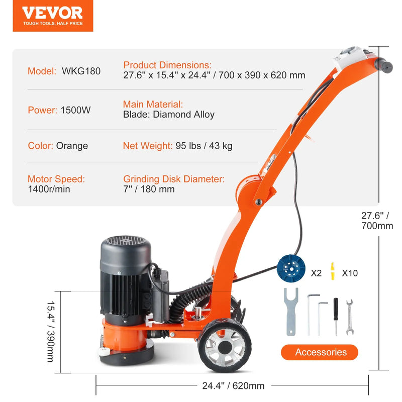 Concrete Floor Grinder 10" Electric – VEVOR 1.7HP Brushless Surface Grinder