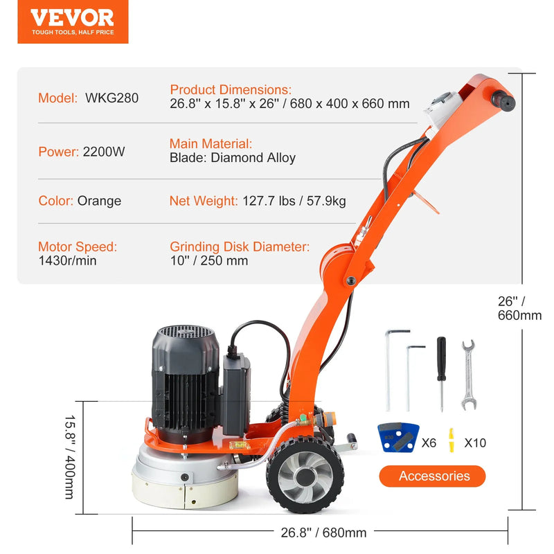 Concrete Floor Grinder 10” Electric - VEVOR  1.7HP Brushless Motor