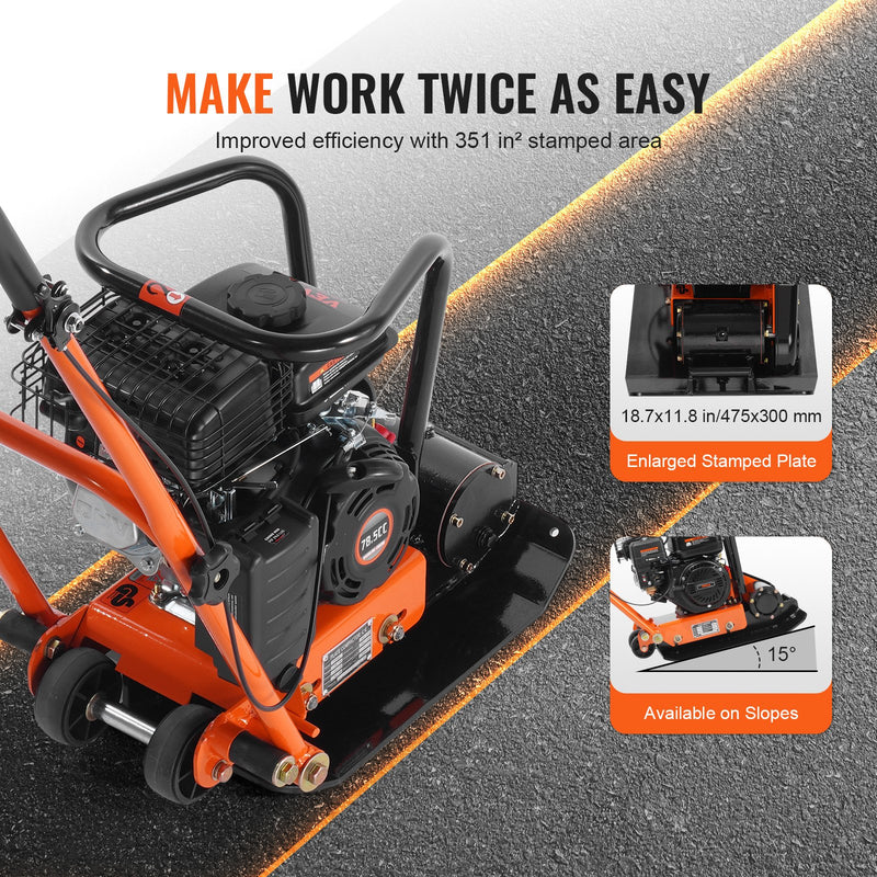 Plate Compactor 2.8HP Gas – VEVOR 98cc Vibratory Compactor 221 sq in Plate