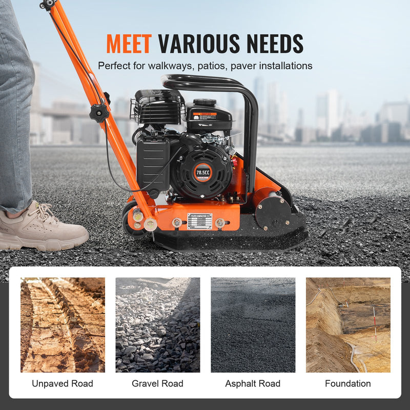 Plate Compactor 2.8HP Gas – VEVOR 98cc Vibratory Compactor 221 sq in Plate