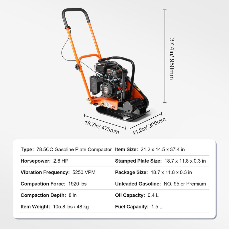 Plate Compactor 2.8HP Gas – VEVOR 98cc Vibratory Compactor 221 sq in Plate
