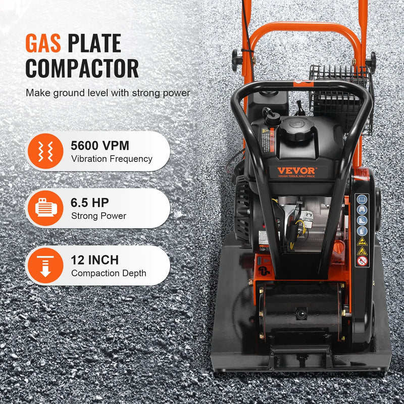 Plate Compactor 6.5HP Gas – VEVOR Forward Vibratory Compactor 196cc 351 sq in Plate
