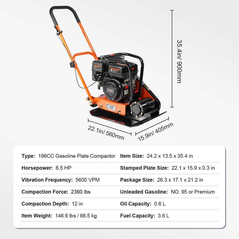 Plate Compactor 6.5HP Gas – VEVOR Forward Vibratory Compactor 196cc 351 sq in Plate