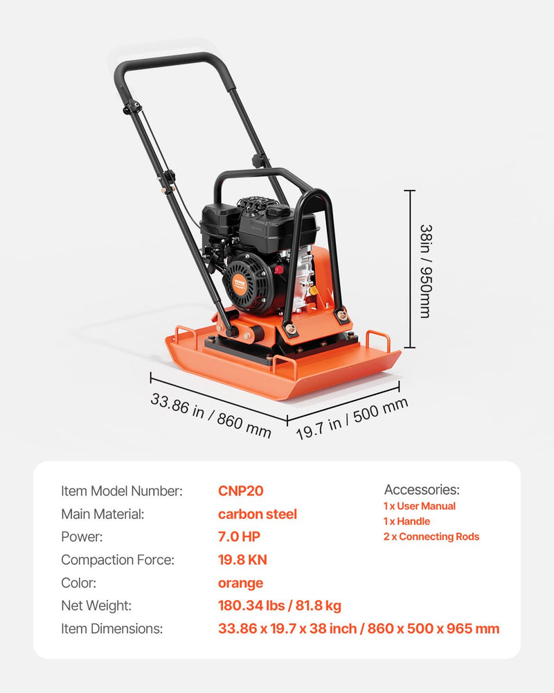 Plate Compactor 7HP Gas – VEVOR Forward Vibratory Compactor 4,451 lb Force